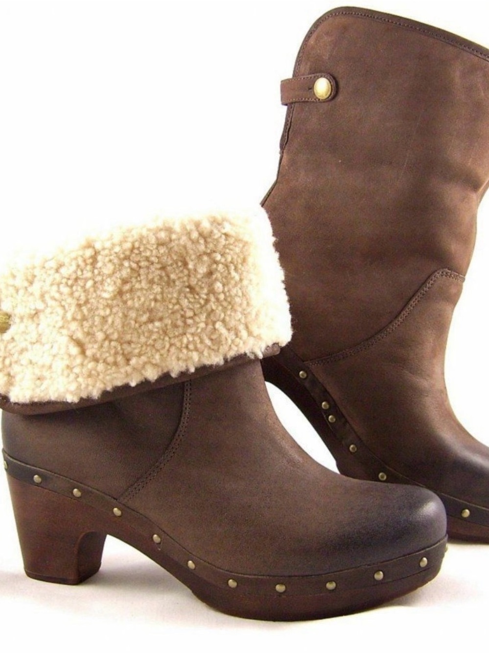 UGG brown nubuck Shearling-Trimmed Heeled Clog Boots
